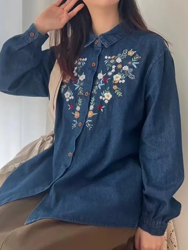 Blusas y camisas de mezclilla con bordado de flores tribales