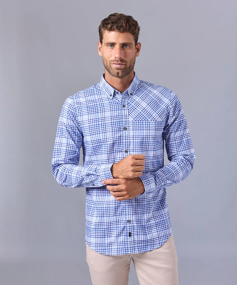 CAMISA MANGA LARGA CUELLO BUTTON DOWN APLICACIÓN EN CUELLO SLIM FIT AZUL CUADROS OI24