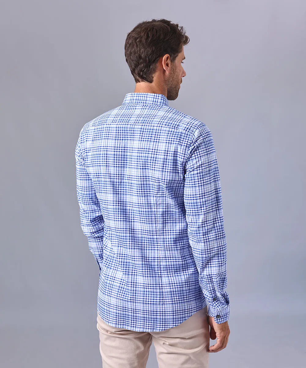 CAMISA MANGA LARGA CUELLO BUTTON DOWN APLICACIÓN EN CUELLO SLIM FIT AZUL CUADROS OI24