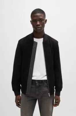 Chaqueta bomber de ante con ribetes de canalé