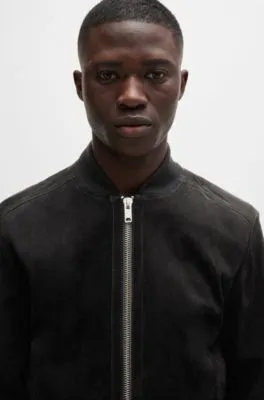 Chaqueta bomber de ante con ribetes de canalé