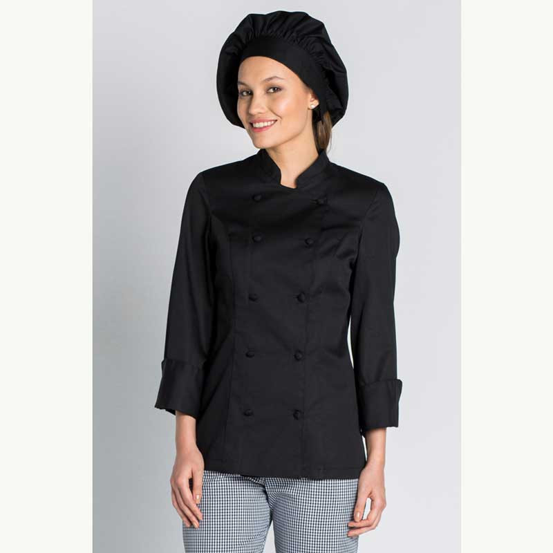 CHAQUETA DE COCINERA NEGRA CON BOTONES FORRADOS  DYNEKE