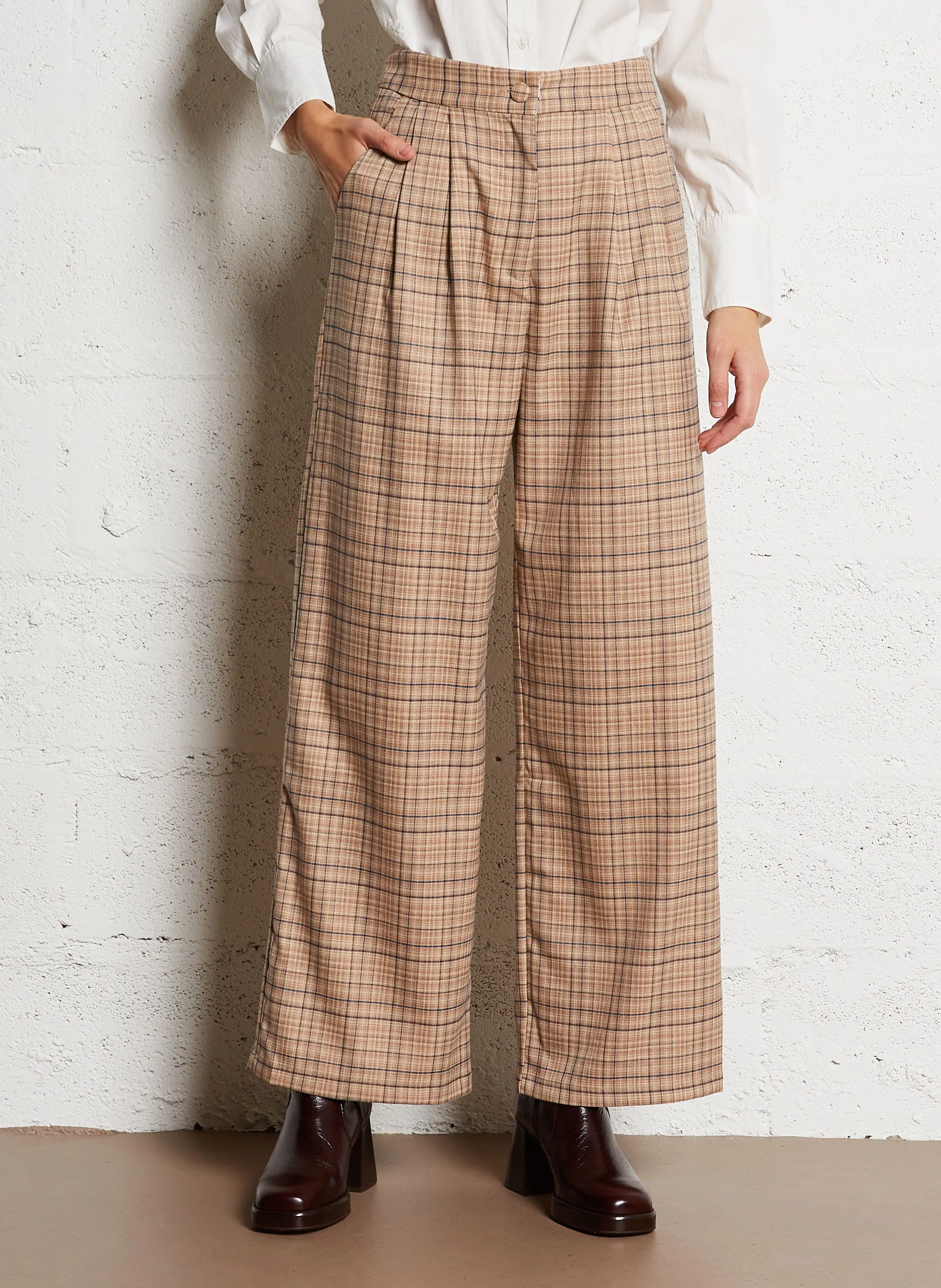 PAOLINE  PANTALóN ANCHO DE CUADROS DE TALLE ALTO EN MULTICOLOR