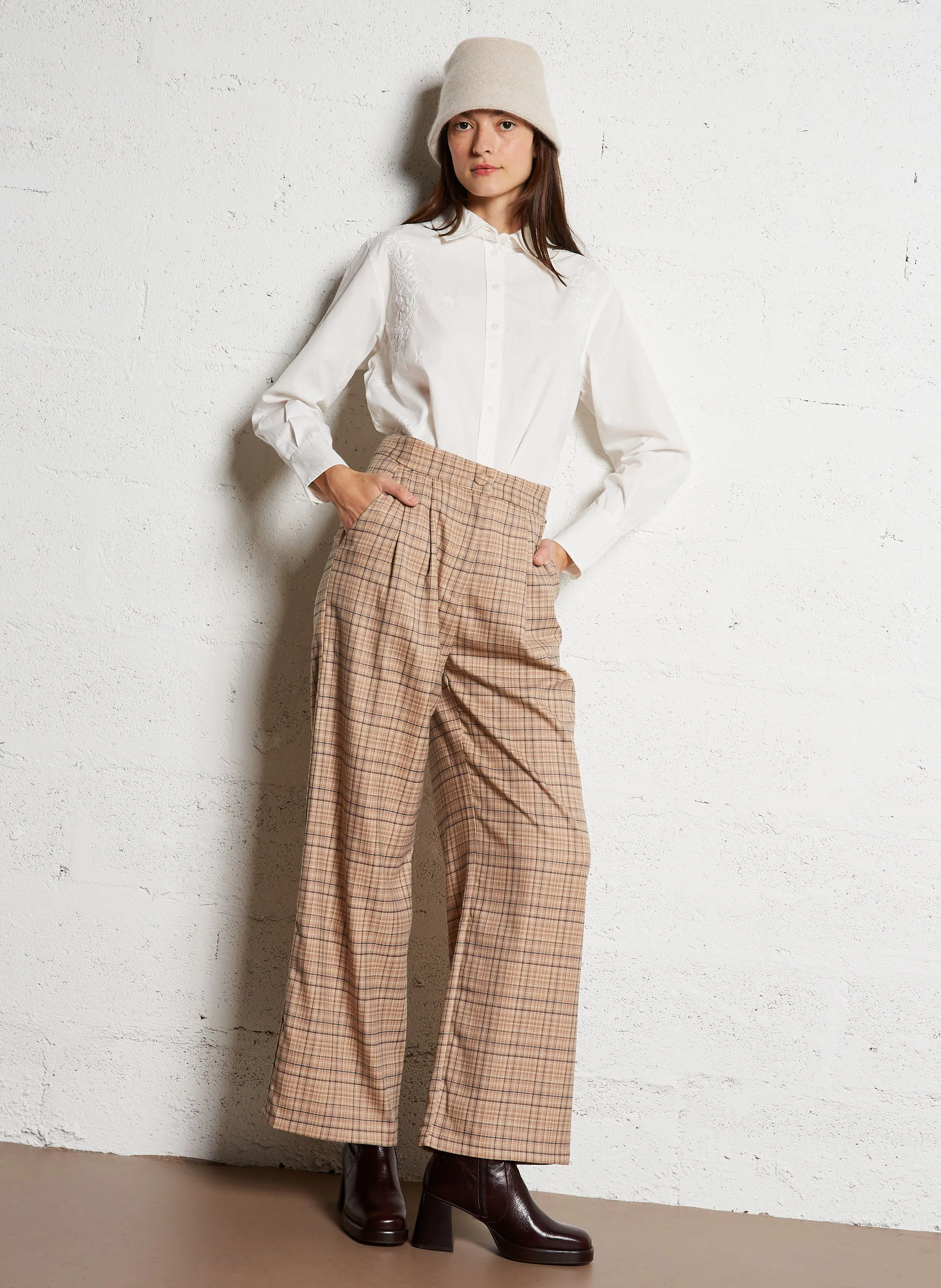 PAOLINE  PANTALóN ANCHO DE CUADROS DE TALLE ALTO EN MULTICOLOR